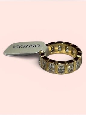 NWT Oshena Jewelry Gold Bezel Emerald Cut CZ Eternity Band Ring - Size 6